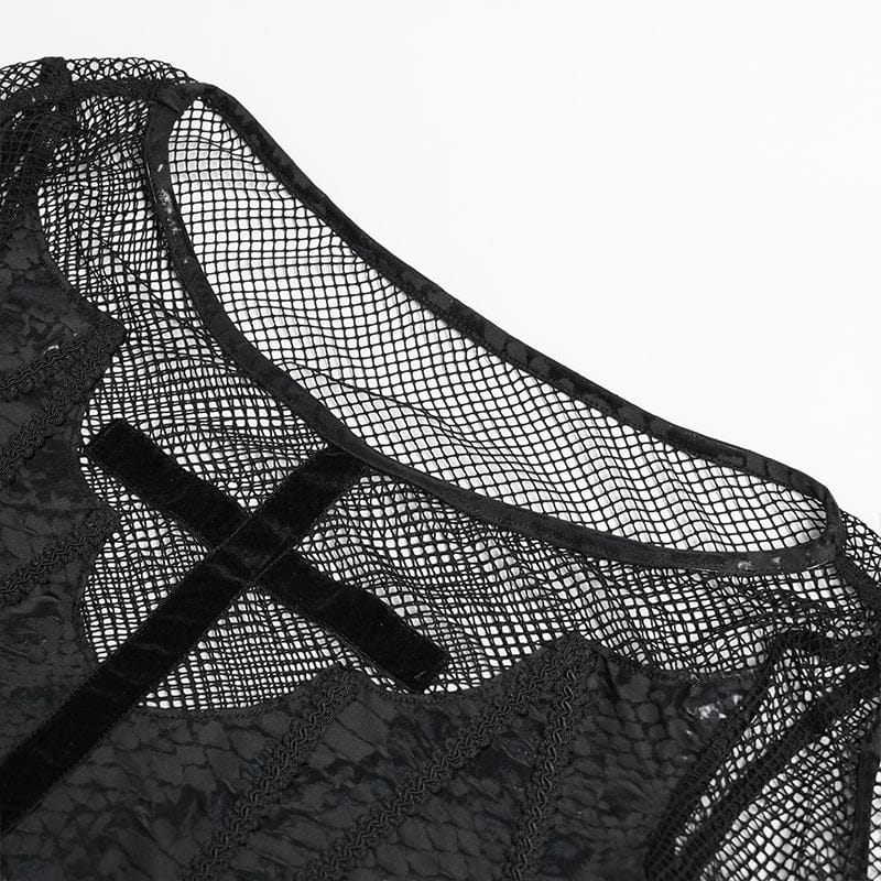 DEVILFASHION Women's Punk Bat Cross Mesh Top