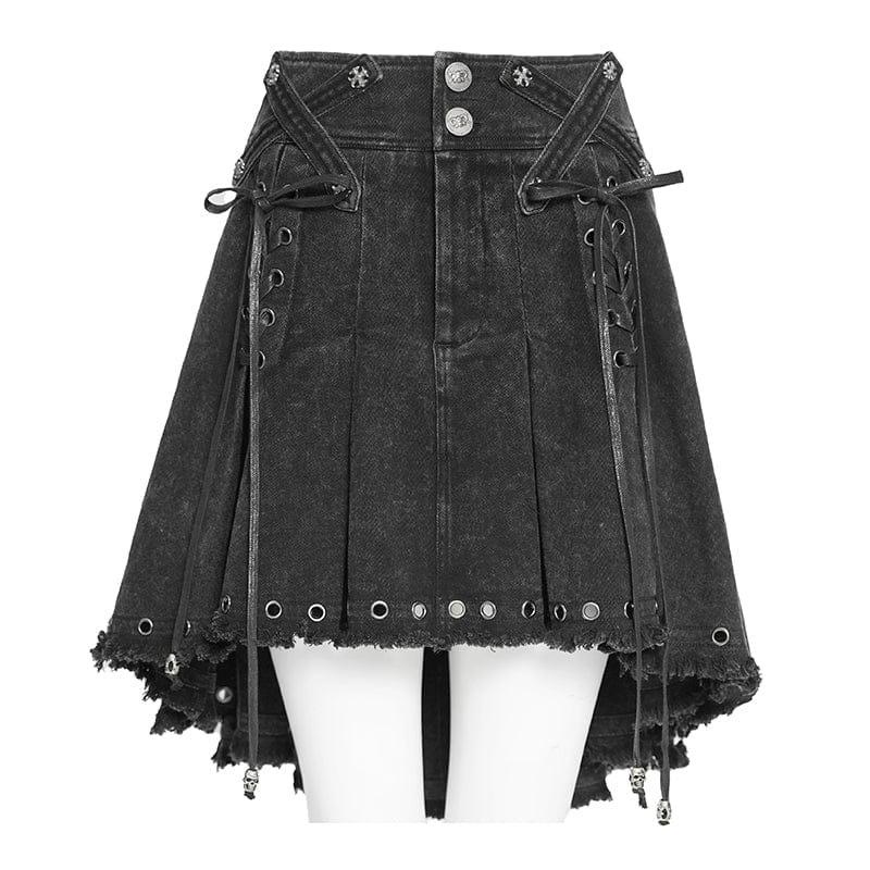 DEVILFASHION Women's Punk Cross Eyelets High/Low Pleated Skirt