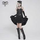 DEVILFASHION Women's Punk Cross Eyelets High/Low Pleated Skirt