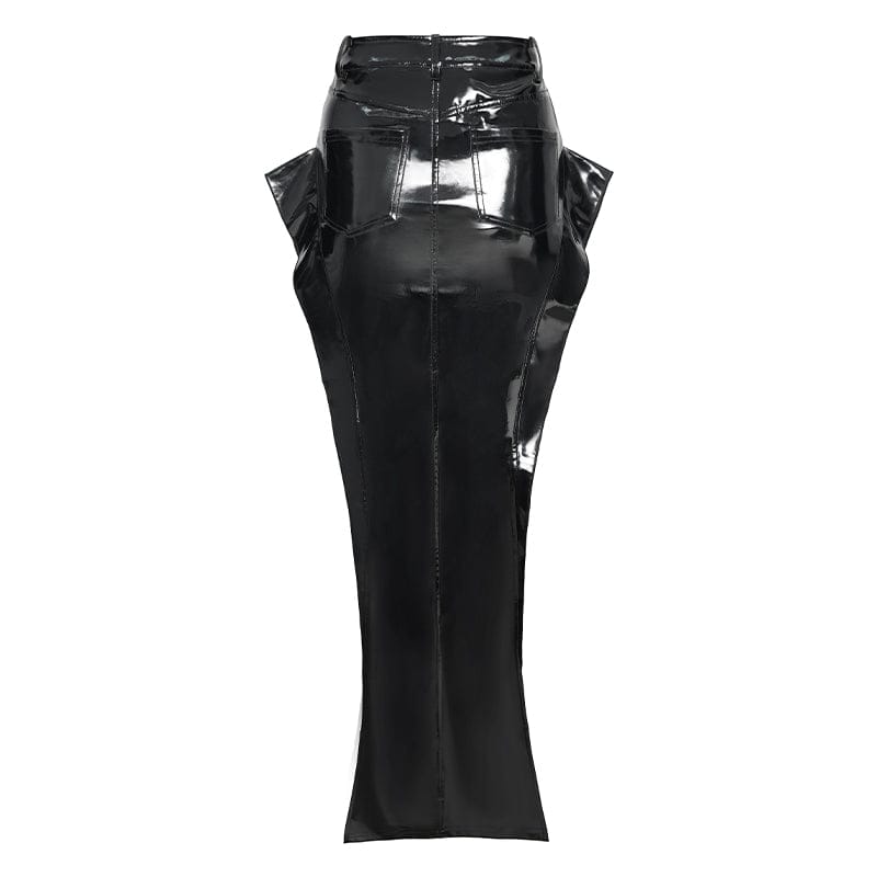 DEVILFASHION Women's Punk Eyelet Straps Zip Long Skirt