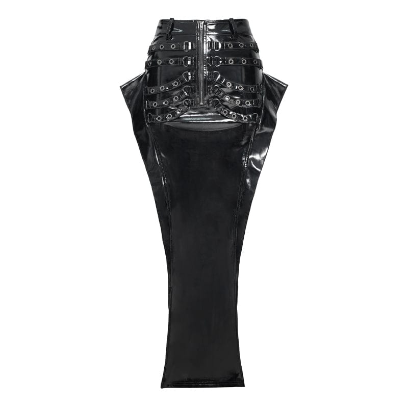 DEVILFASHION Women's Punk Eyelet Straps Zip Long Skirt