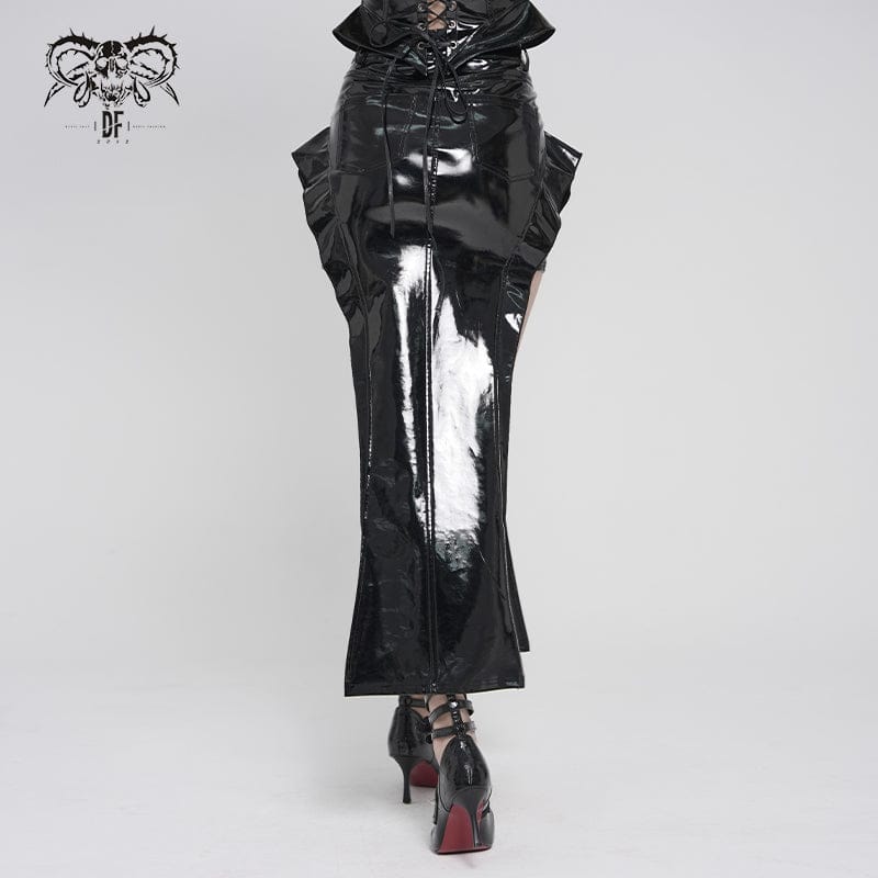 DEVILFASHION Women's Punk Eyelet Straps Zip Long Skirt