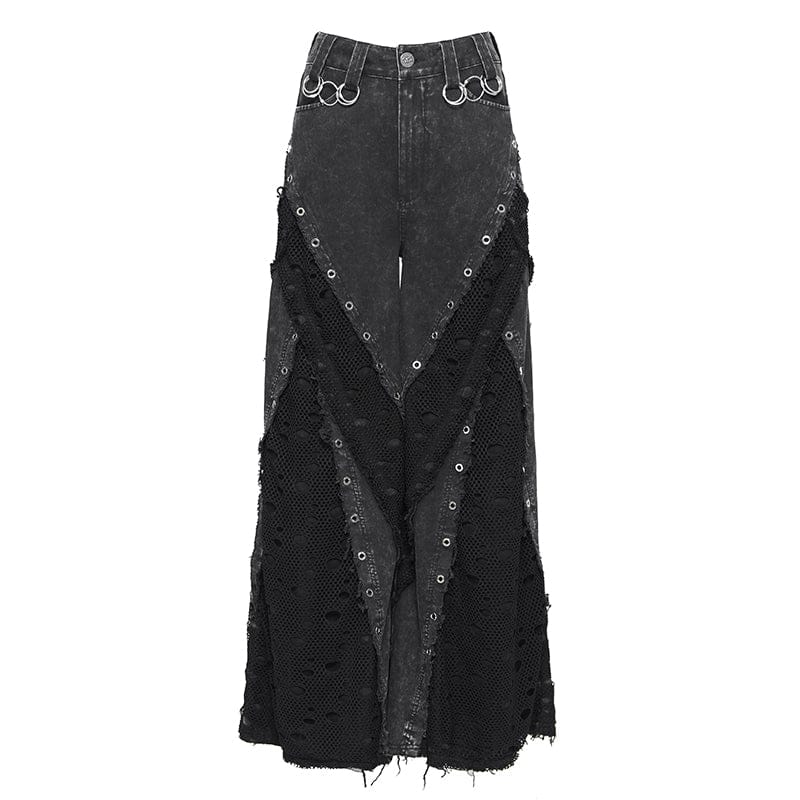 DEVILFASHION Women's Punk Eyelets Layered Ripped Pants