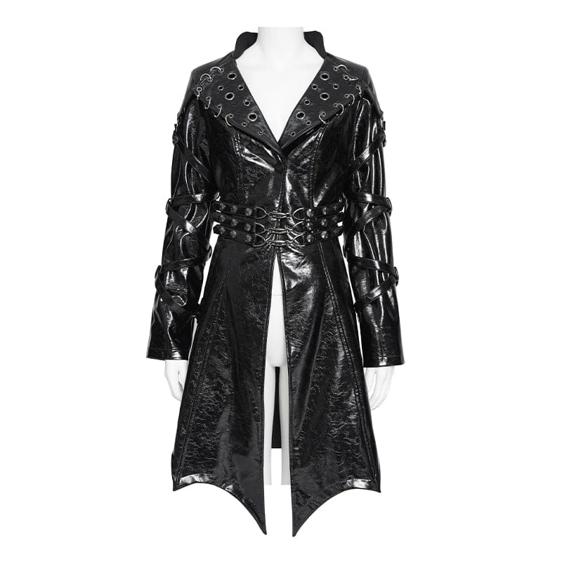 DEVILFASHION Women's Punk Irregular Eyelets & Rings Turn-down Collar Jacket Black