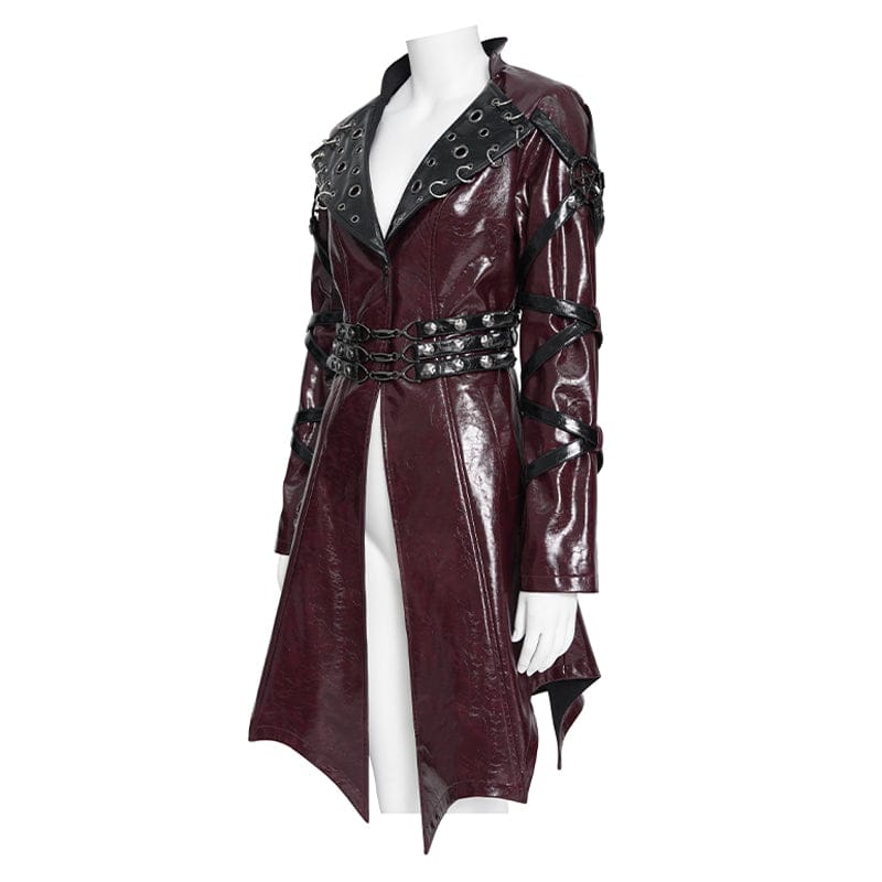DEVILFASHION Women's Punk Irregular Eyelets & Rings Turn-down Collar Jacket Black-Red