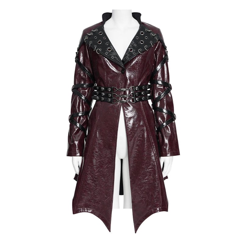 DEVILFASHION Women's Punk Irregular Eyelets & Rings Turn-down Collar Jacket Black-Red