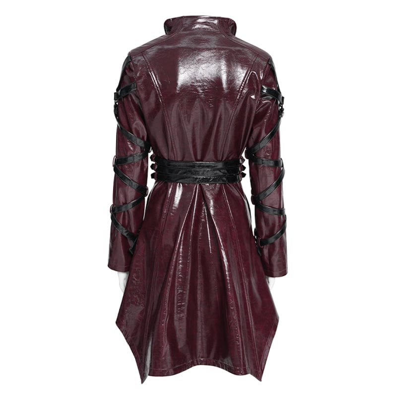 DEVILFASHION Women's Punk Irregular Eyelets & Rings Turn-down Collar Jacket Black-Red