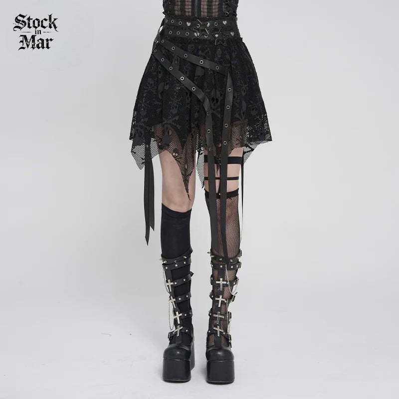 DEVILFASHION Women's Punk Irregular Skull Eyelet Straps Mesh Skirt Black