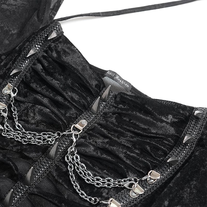 DEVILFASHION Women's Punk Studded Chained Drawstring Short Sleeved Shirt