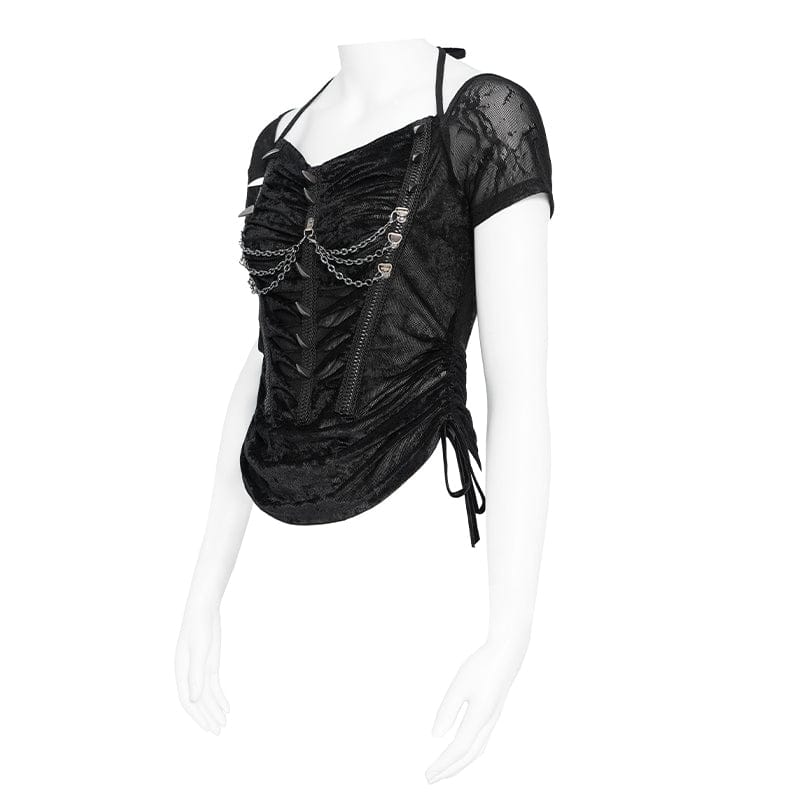 DEVILFASHION Women's Punk Studded Chained Drawstring Short Sleeved Shirt