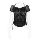 DEVILFASHION Women's Punk Studded Chained Drawstring Short Sleeved Shirt