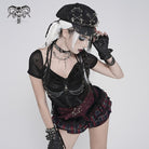 DEVILFASHION Women's Punk Studded Chained Drawstring Short Sleeved Shirt