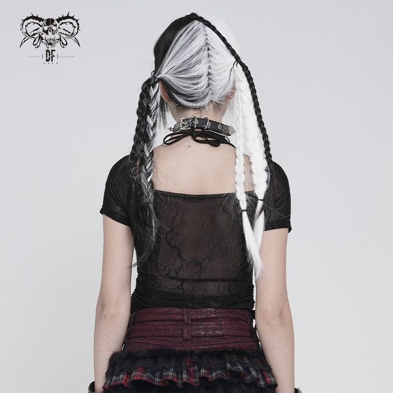 DEVILFASHION Women's Punk Studded Chained Drawstring Short Sleeved Shirt