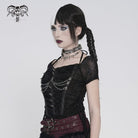 DEVILFASHION Women's Punk Studded Chained Drawstring Short Sleeved Shirt