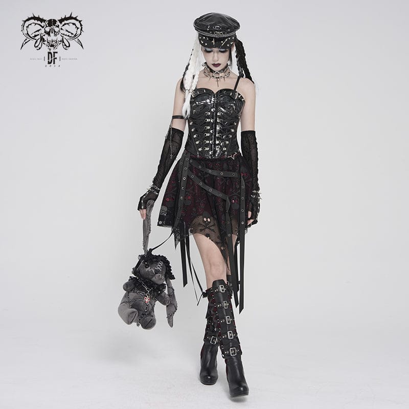 DEVILFASHION Women's Punk Studded Zip Lace-up Overbust Corset Black