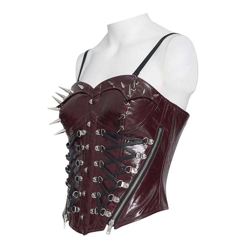 DEVILFASHION Women's Punk Studded Zip Lace-up Overbust Corset Red