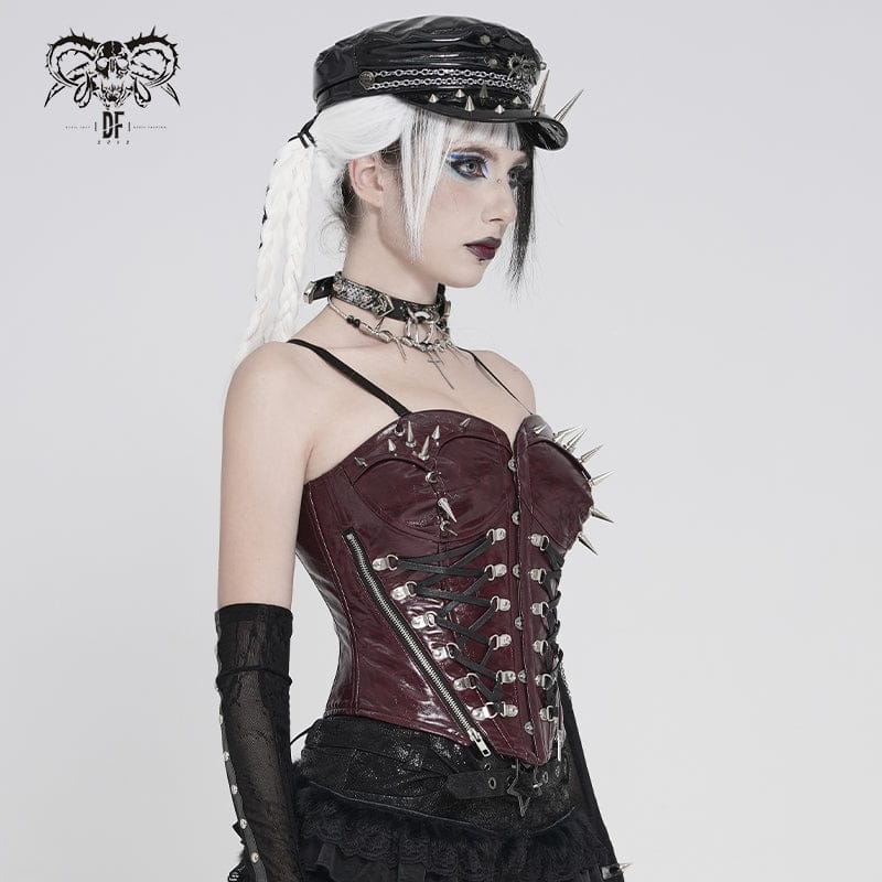 DEVILFASHION Women's Punk Studded Zip Lace-up Overbust Corset Red
