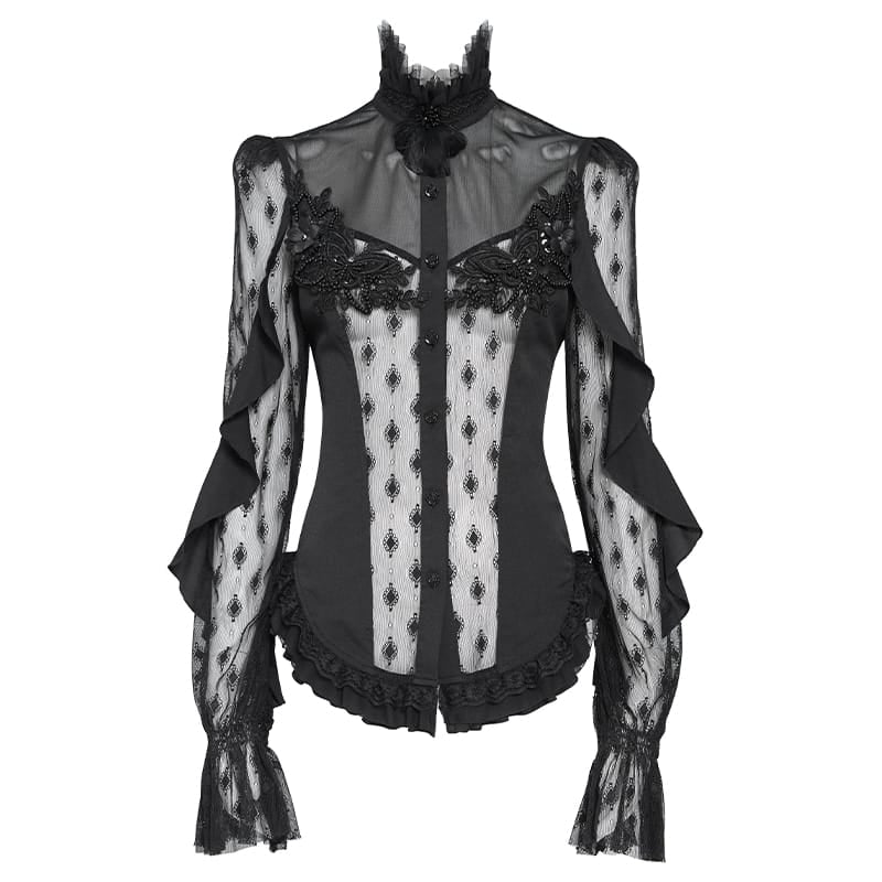 EVA LADY Women's Goth Floral Lace Sheer Shirt