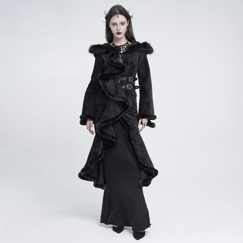 EVA LADY Women's Gothic Asymmetric Buckle Strap Hooded Jacquard Coat