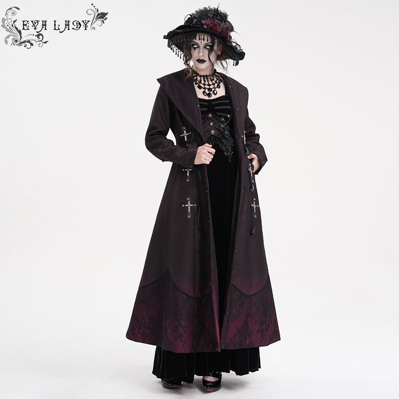 EVA LADY Women's Gothic Cross Lace Coat Black Red