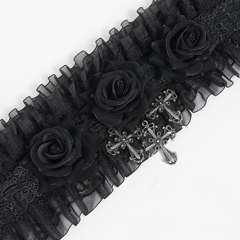 EVA LADY Women's Gothic Cross Rose Ruffled Lace Mesh Neck Collar Black