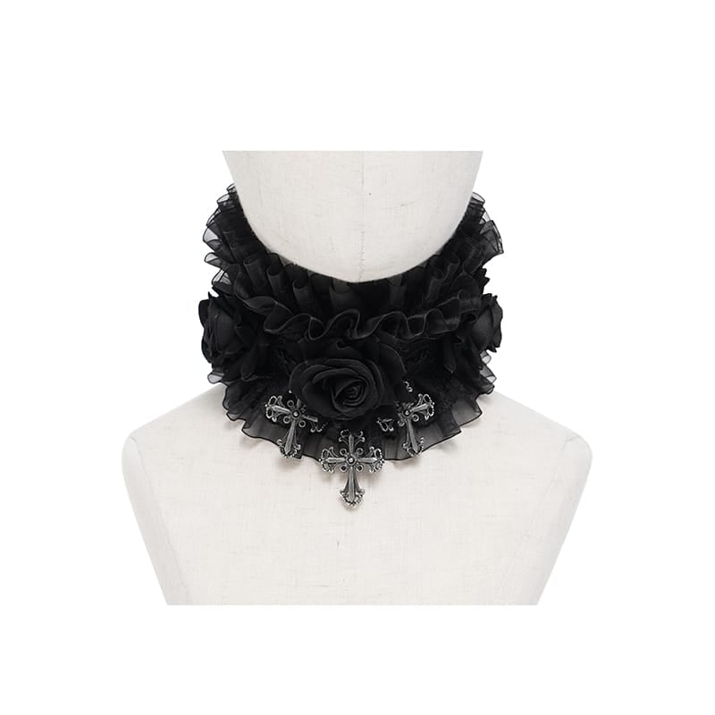 EVA LADY Women's Gothic Cross Rose Ruffled Lace Mesh Neck Collar Black