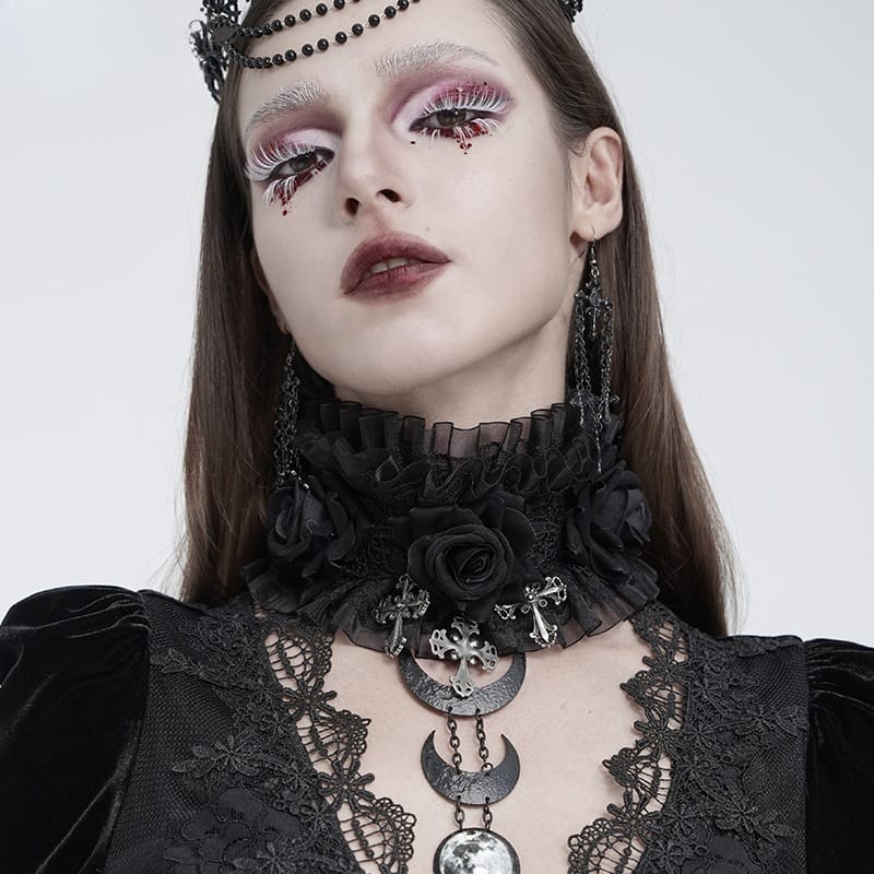 EVA LADY Women's Gothic Cross Rose Ruffled Lace Mesh Neck Collar Black