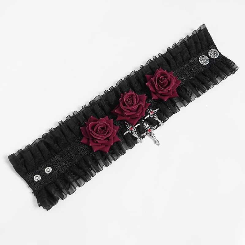 EVA LADY Women's Gothic Cross Rose Ruffled Lace Mesh Neck Collar Black-Red