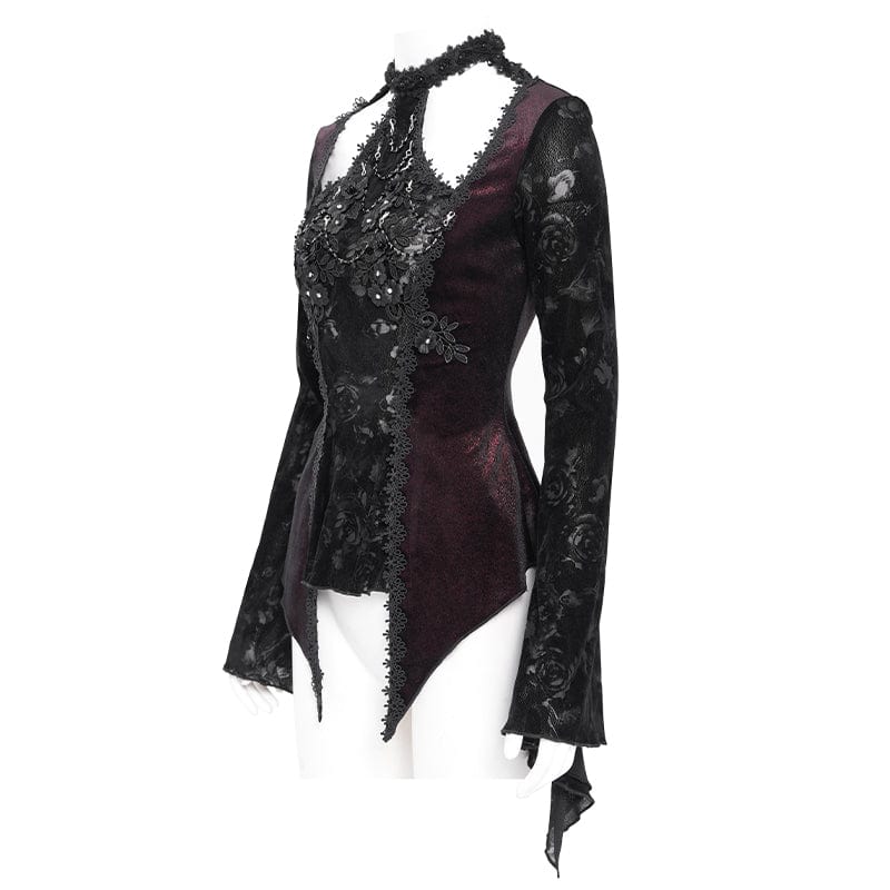EVA LADY Women's Gothic Cutout Flared Sleeved Velvet Shirt Red