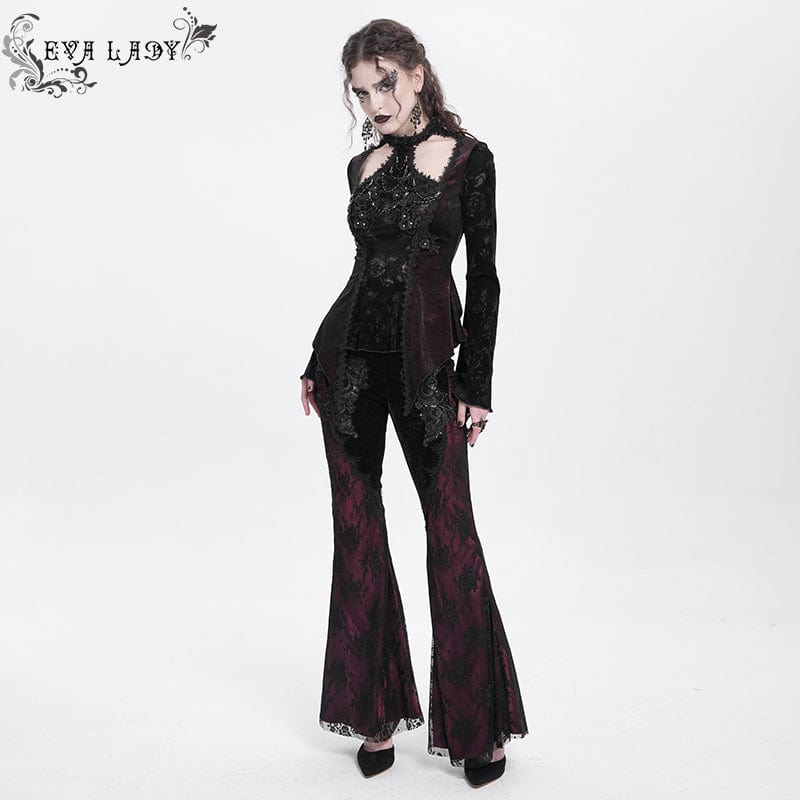 EVA LADY Women's Gothic Cutout Flared Sleeved Velvet Shirt Red
