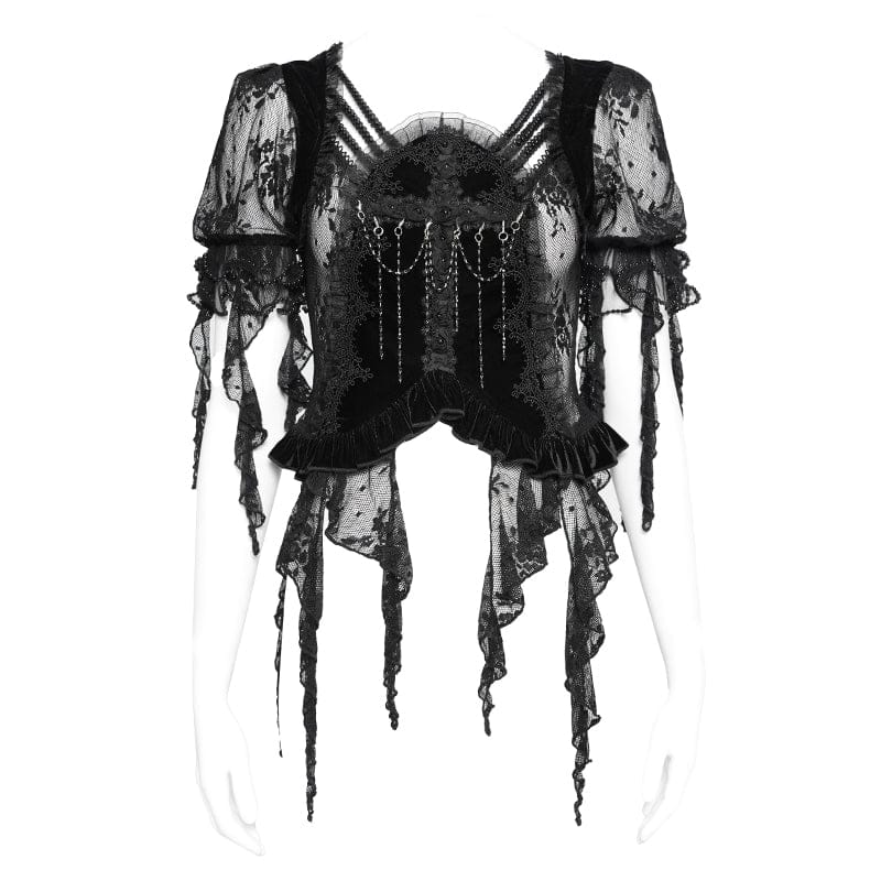EVA LADY Women's Gothic Embroidered Cross Chained Lace Top Black