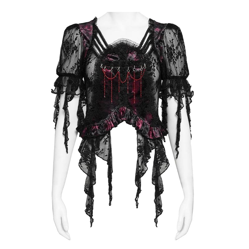 EVA LADY Women's Gothic Embroidered Cross Chained Lace Top Black-Red