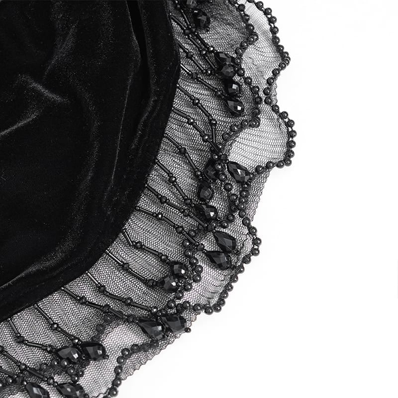 EVA LADY Women's Gothic Floral Beaded Fringe Velvet Skirt with Streamer