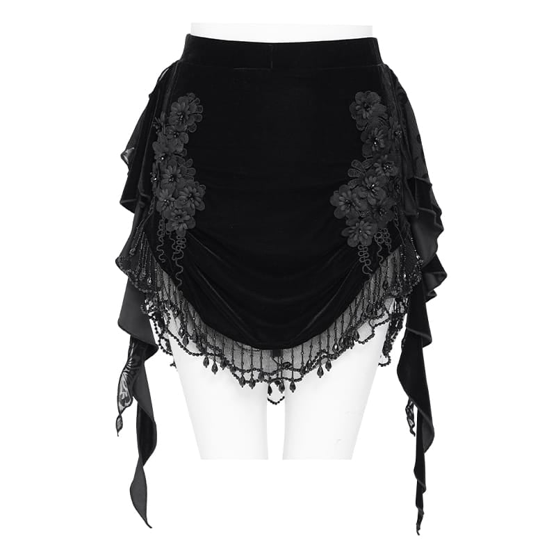 EVA LADY Women's Gothic Floral Beaded Fringe Velvet Skirt with Streamer