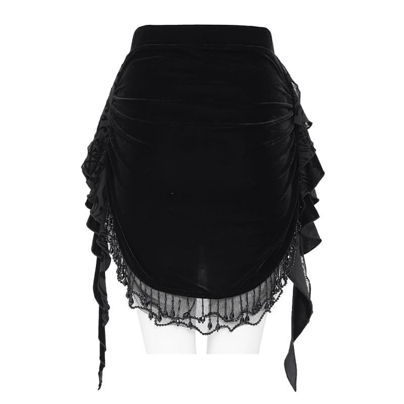 EVA LADY Women's Gothic Floral Beaded Fringe Velvet Skirt with Streamer