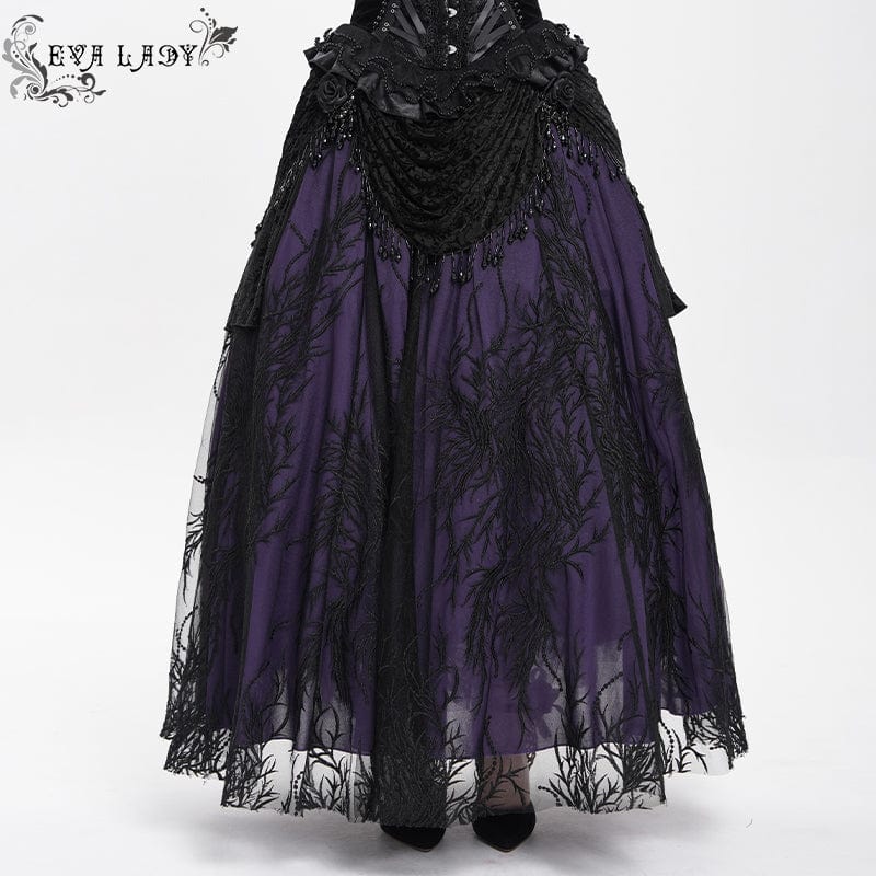 EVA LADY Women's Gothic Floral Embroidered Beaded Long Skirt Purple