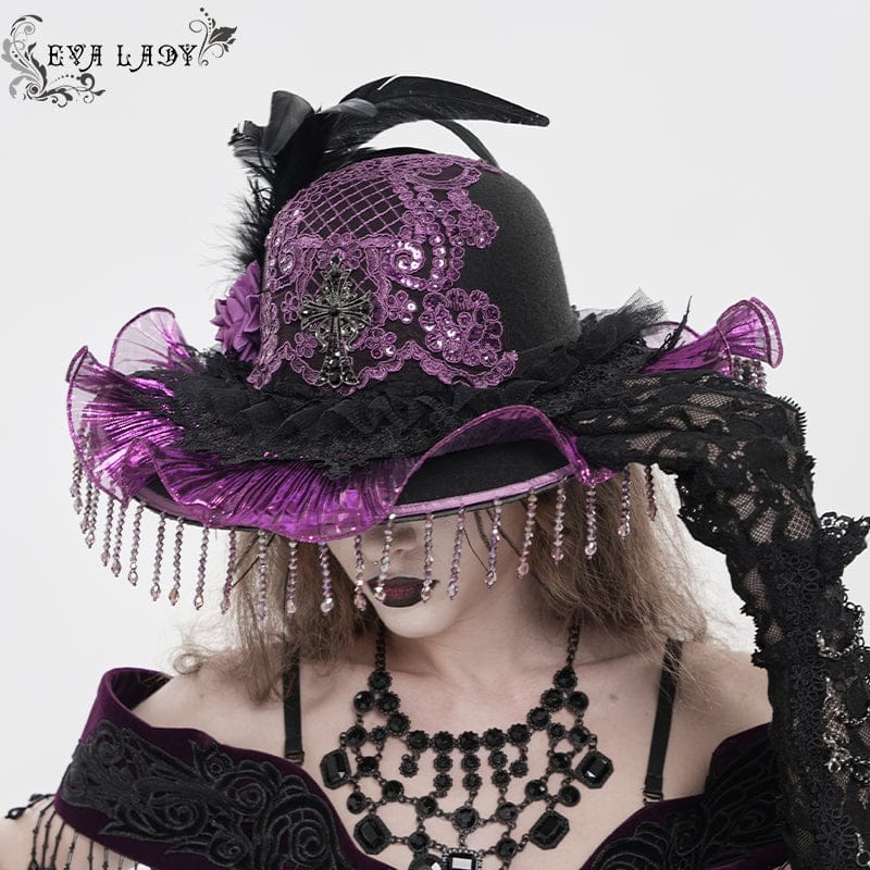 EVA LADY Women's Gothic Floral Embroidered Feather Tassels Hat