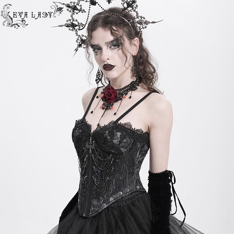 EVA LADY Women's Gothic Floral Embroidered Lace Straps Tank Top Black