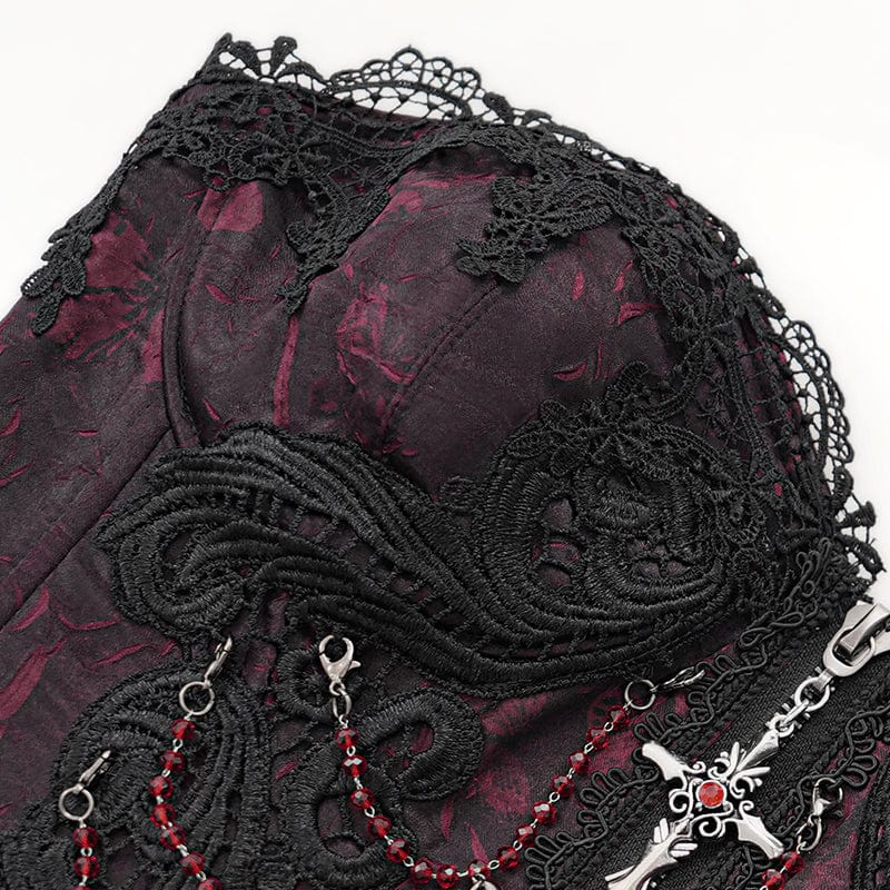 EVA LADY Women's Gothic Floral Embroidered Lace Straps Tank Top Red