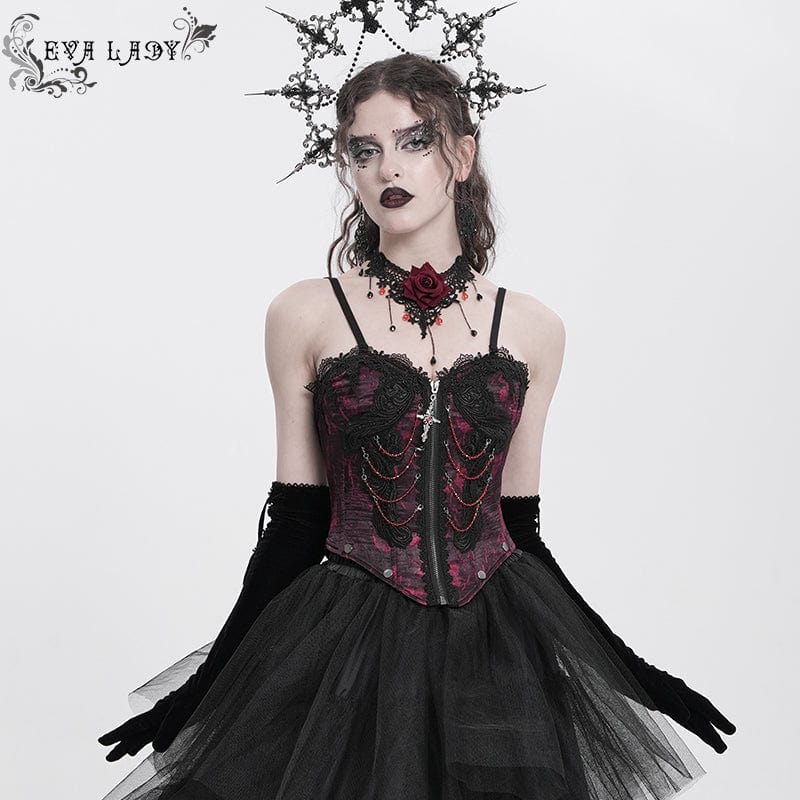 EVA LADY Women's Gothic Floral Embroidered Lace Straps Tank Top Red