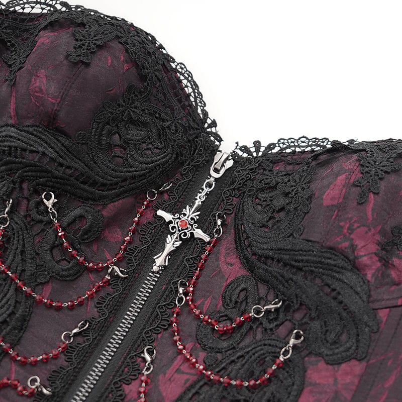 EVA LADY Women's Gothic Floral Embroidered Lace Straps Tank Top Red