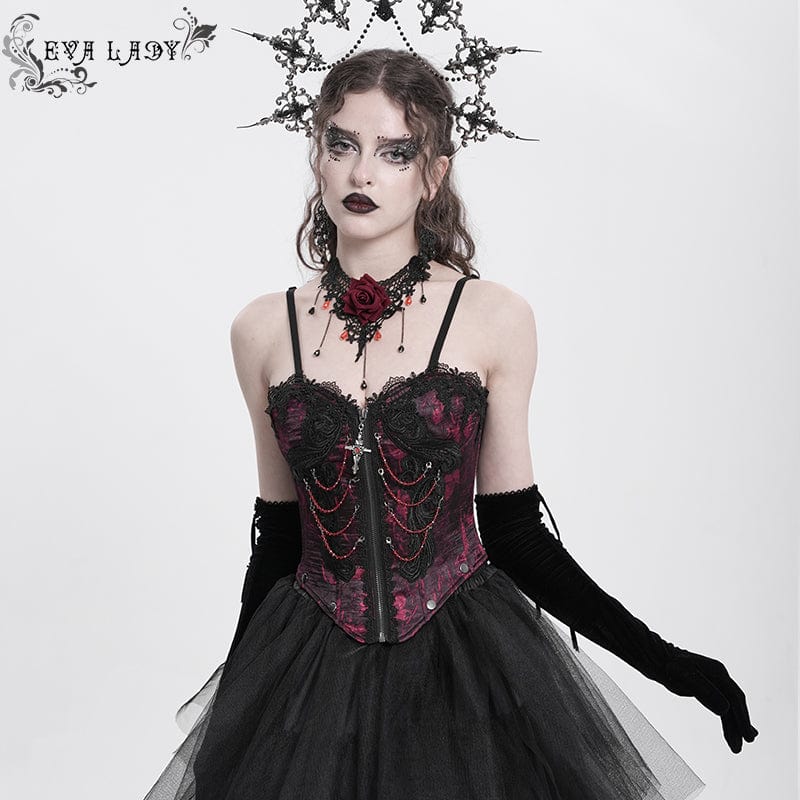 EVA LADY Women's Gothic Floral Embroidered Lace Straps Tank Top Red