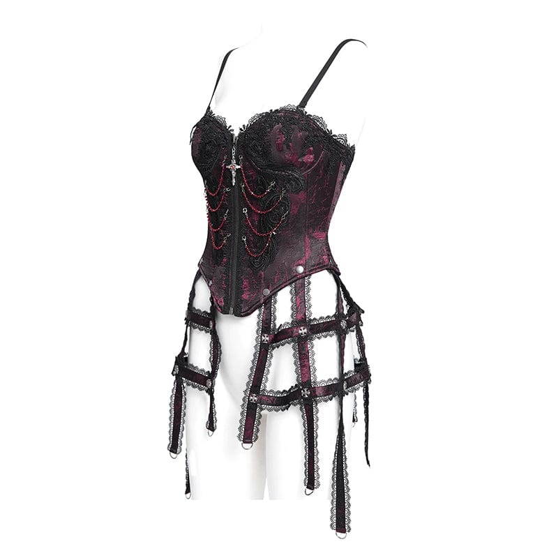 EVA LADY Women's Gothic Floral Embroidered Lace Straps Tank Top Red