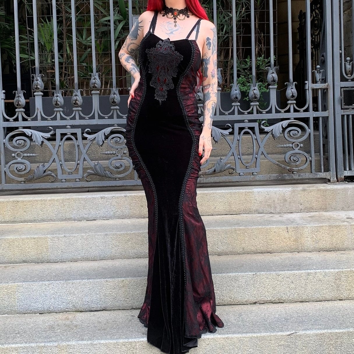 EVA LADY Women's Gothic Floral Embroidered Ruched Fishtail Wedding Dress