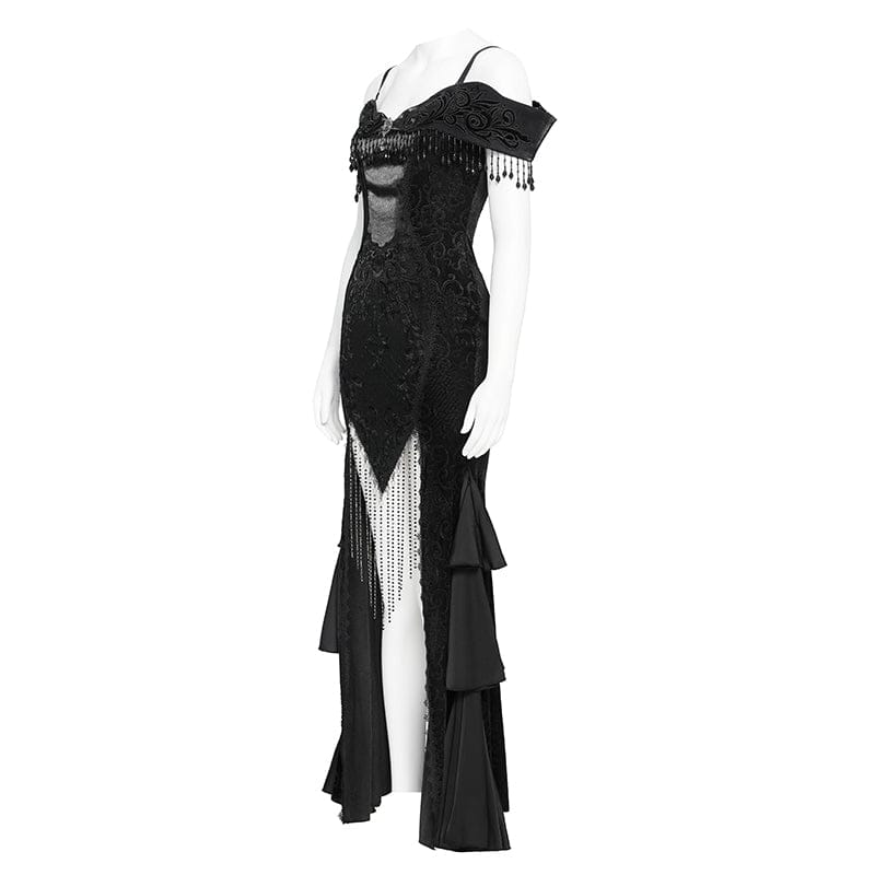 EVA LADY Women's Gothic Floral Embroidered Tassels Off-shoulder Slip Dress Black