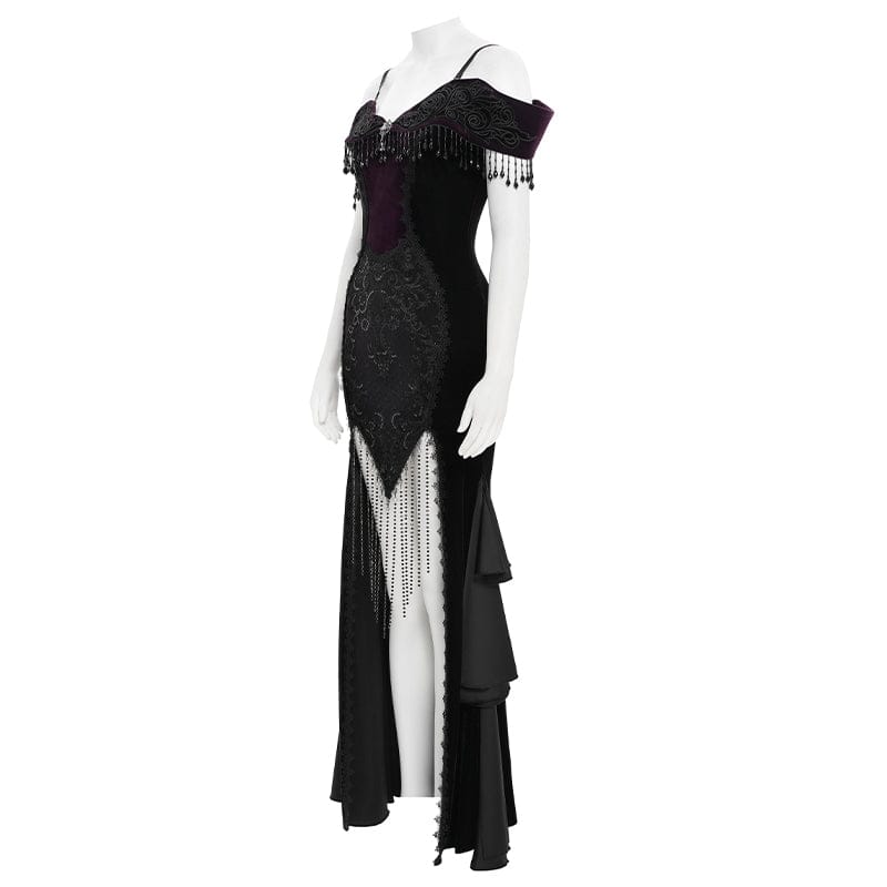 EVA LADY Women's Gothic Floral Embroidered Tassels Off-shoulder Slip Dress Black-Purple