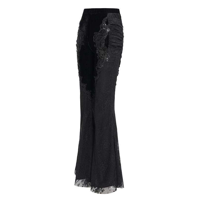 EVA LADY Women's Gothic Floral Embroidered Velvet Splice Lace Flared Leggings Black
