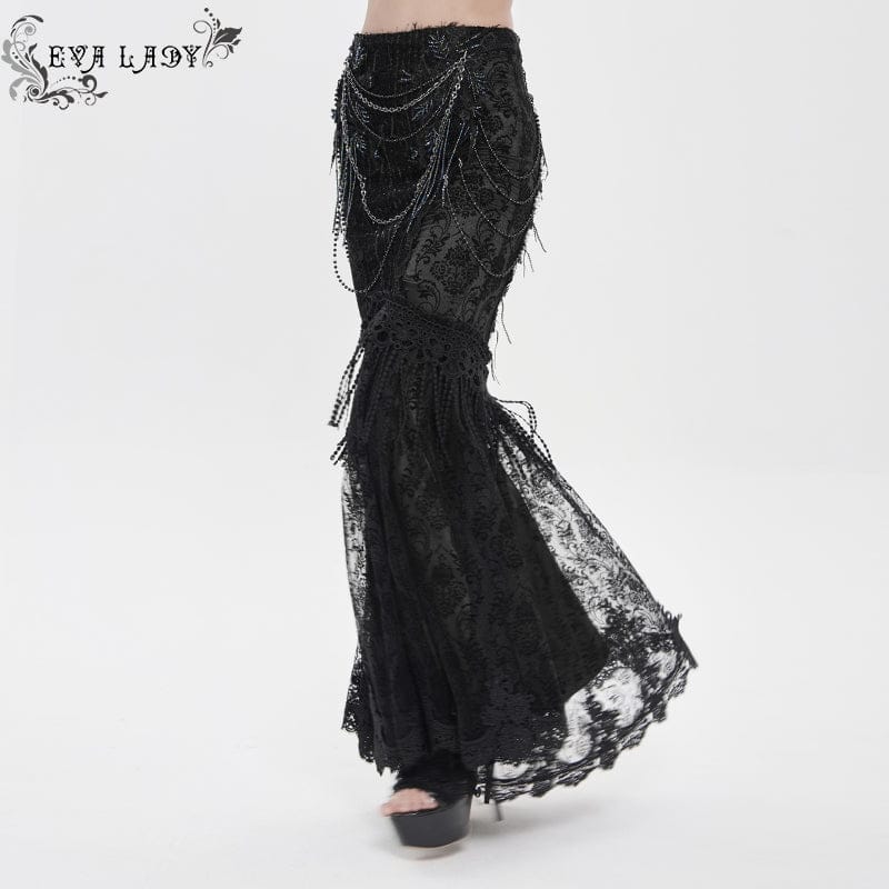EVA LADY Women's Gothic Floral Lace Beaded Chained Long Skirt Black