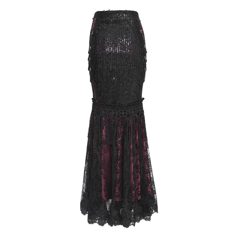 EVA LADY Women's Gothic Floral Lace Beaded Chained Long Skirt Black-Red