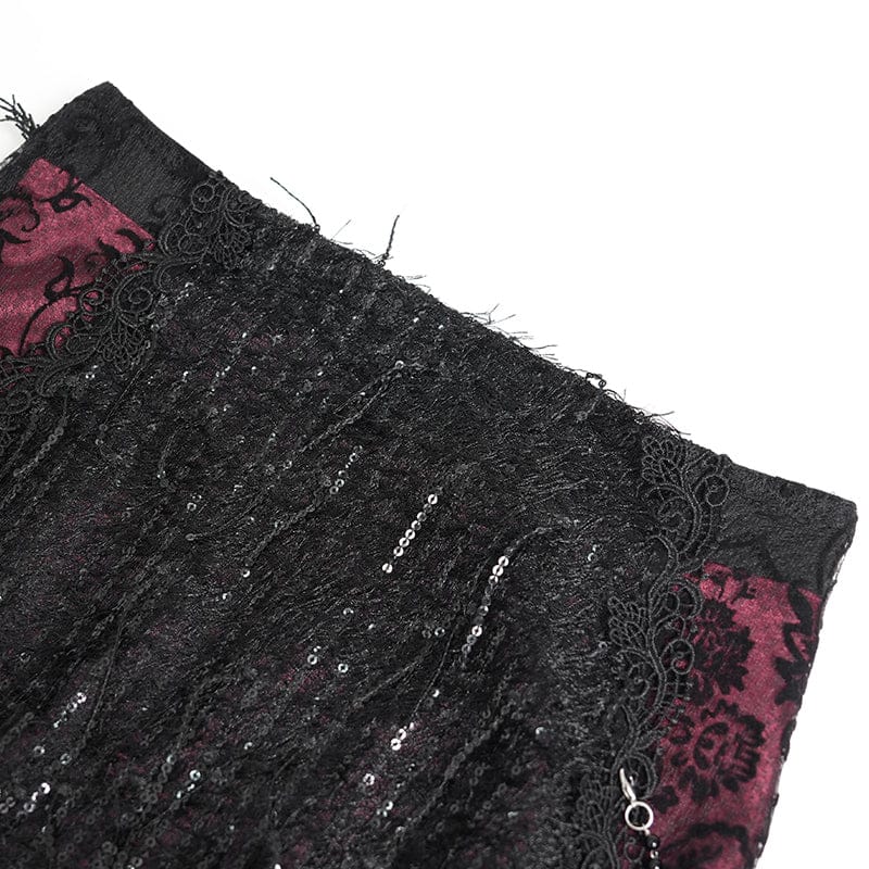 EVA LADY Women's Gothic Floral Lace Beaded Chained Long Skirt Black-Red